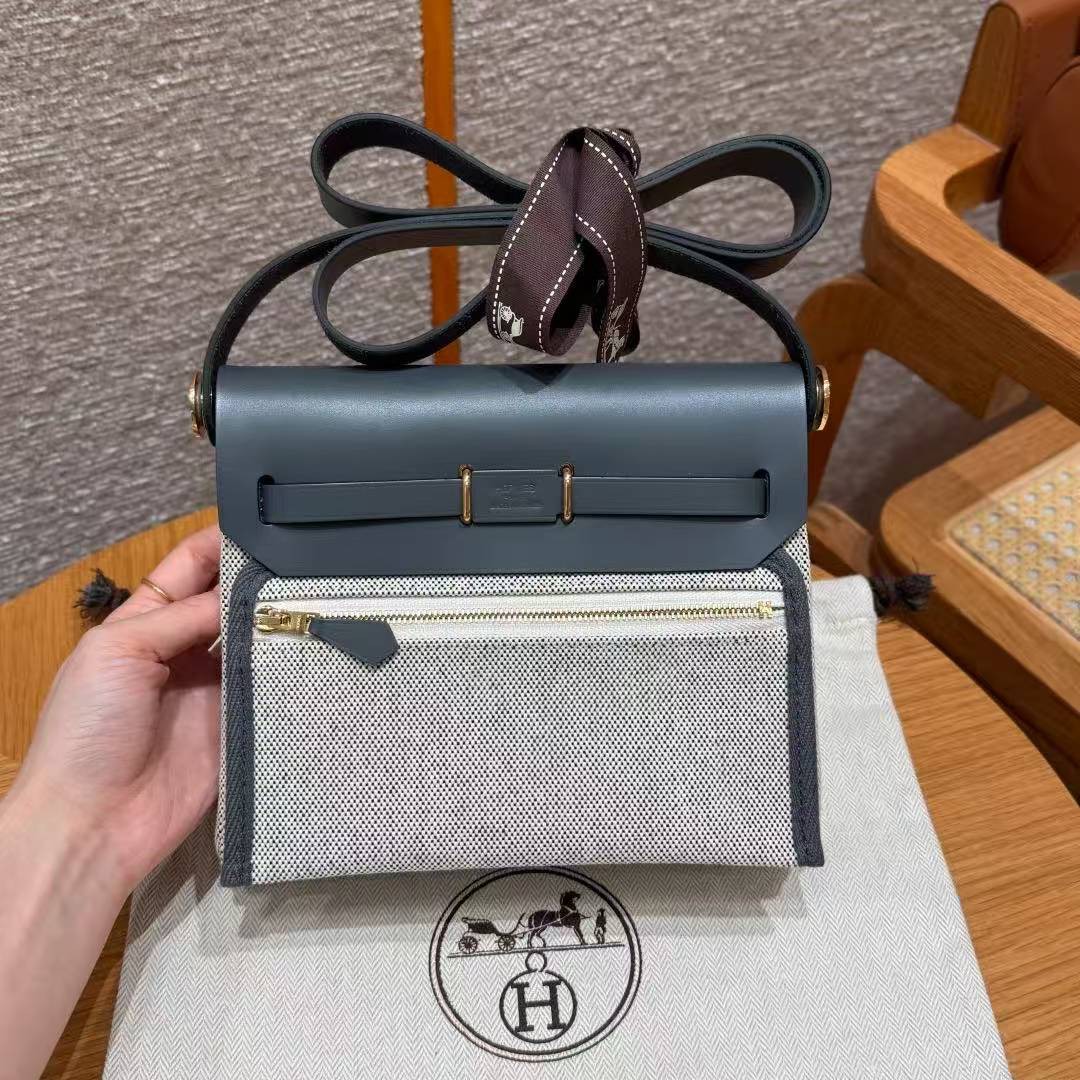 Hermes Mini Herbag Zip 20 Bag Retourne Ecru Blue Glacier Ardoise Handmade In Militaire Canvas and Hunter Cowhide Gold Hardware - Image 2