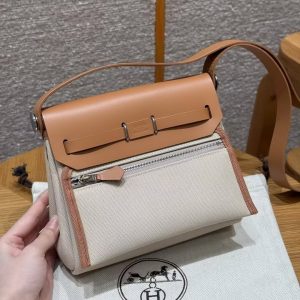 Hermes Mini Herbag Zip 20 Bag Retourne Beton Naturel Sable Handmade In Militaire Canvas and Hunter Cowhide Silver Hardware - Image 2