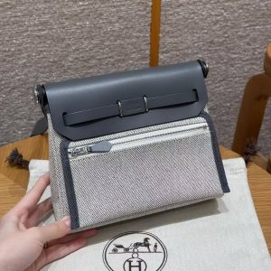 Hermes Mini Herbag Zip 20 Bag Retourne Ecru Blue Glacier Ardoise Handmade In Militaire Canvas and Hunter Cowhide Silver Hardware - Image 2
