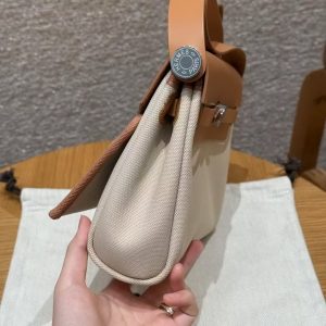 Hermes Mini Herbag Zip 20 Bag Retourne Beton Naturel Sable Handmade In Militaire Canvas and Hunter Cowhide Silver Hardware - Image 29