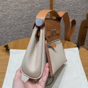 Hermes Mini Herbag Zip 20 Bag Retourne Beton Naturel Sable Handmade In Militaire Canvas and Hunter Cowhide Silver Hardware - Image 28