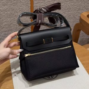 Hermes Mini Herbag Zip 20 Bag Retourne 89 Noir Handmade In Militaire Canvas and Hunter Cowhide Gold Hardware - Image 2