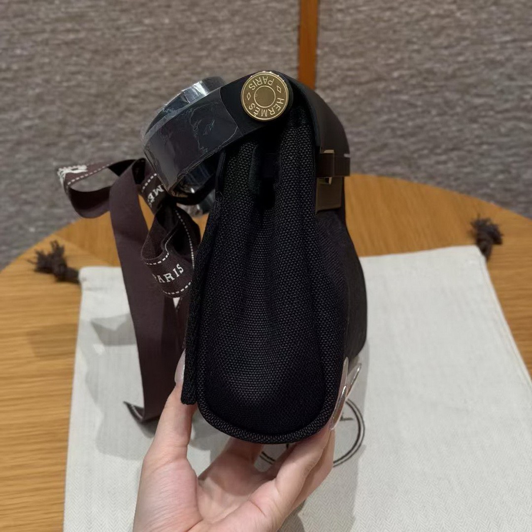 Hermes Mini Herbag Zip 20 Bag Retourne 89 Noir Handmade In Militaire Canvas and Hunter Cowhide Gold Hardware - Image 18