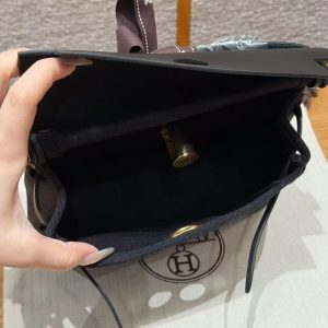Hermes Mini Herbag Zip 20 Bag Retourne 89 Noir Handmade In Militaire Canvas and Hunter Cowhide Gold Hardware - Image 14