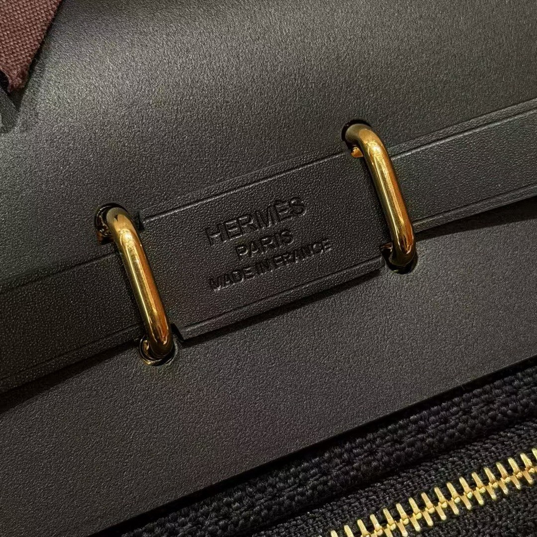 Hermes Mini Herbag Zip 20 Bag Retourne 89 Noir Handmade In Militaire Canvas and Hunter Cowhide Gold Hardware - Image 13