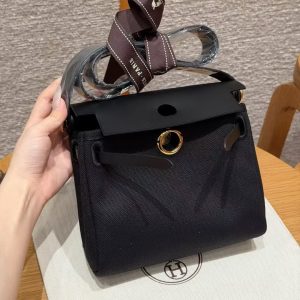 Hermes Mini Herbag Zip 20 Bag Retourne 89 Noir Handmade In Militaire Canvas and Hunter Cowhide Gold Hardware - Image 11