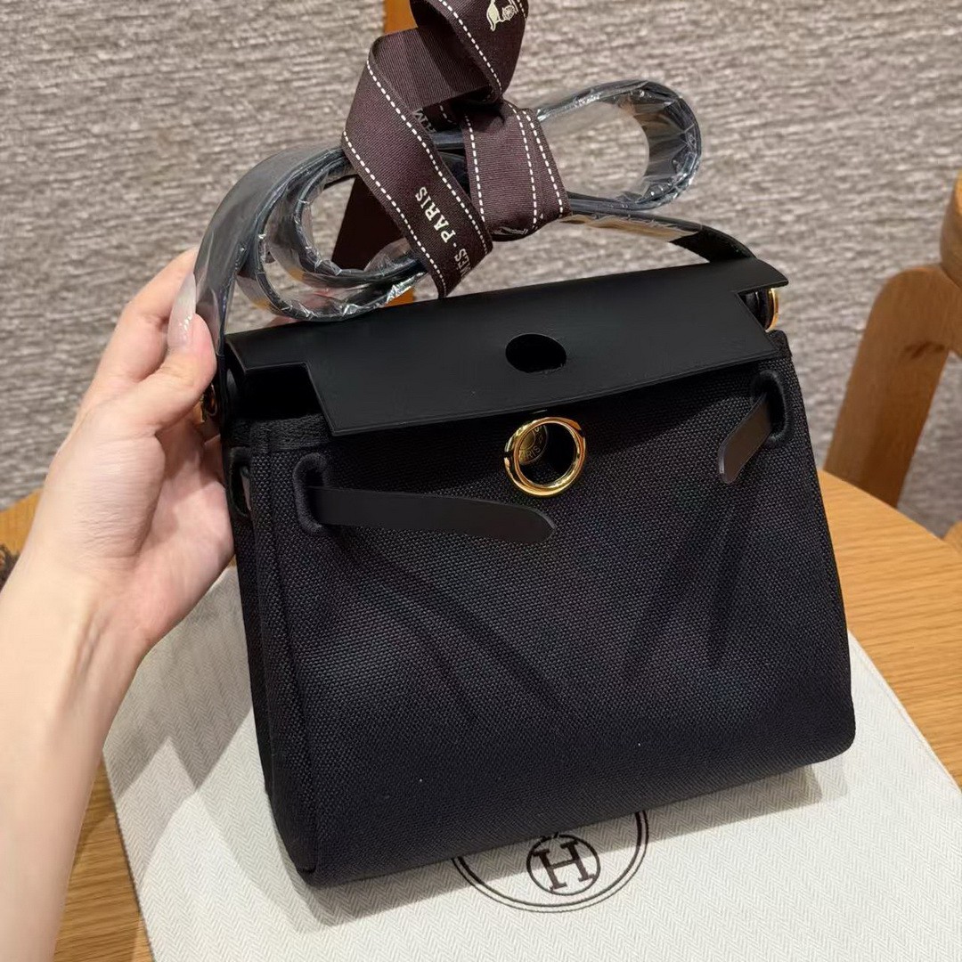 Hermes Mini Herbag Zip 20 Bag Retourne 89 Noir Handmade In Militaire Canvas and Hunter Cowhide Gold Hardware - Image 11