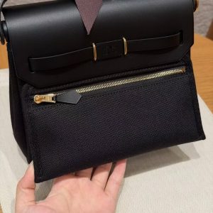 Hermes Mini Herbag Zip 20 Bag Retourne 89 Noir Handmade In Militaire Canvas and Hunter Cowhide Gold Hardware - Image 5
