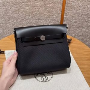 Hermes Mini Herbag Zip 20 Bag Retourne 89 Noir Handmade In Militaire Canvas and Hunter Cowhide Silver Hardware