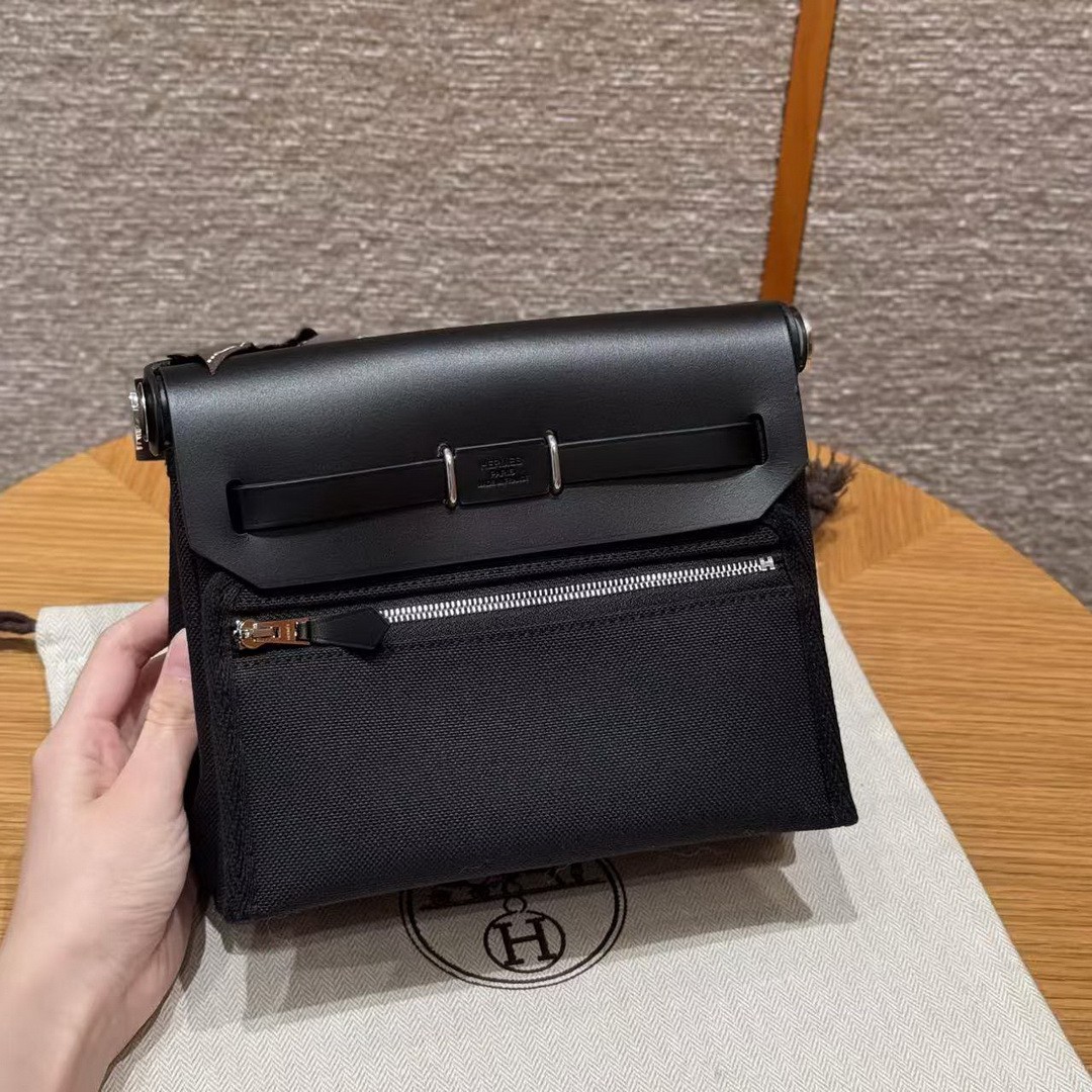 Hermes Mini Herbag Zip 20 Bag Retourne 89 Noir Handmade In Militaire Canvas and Hunter Cowhide Silver Hardware - Image 2