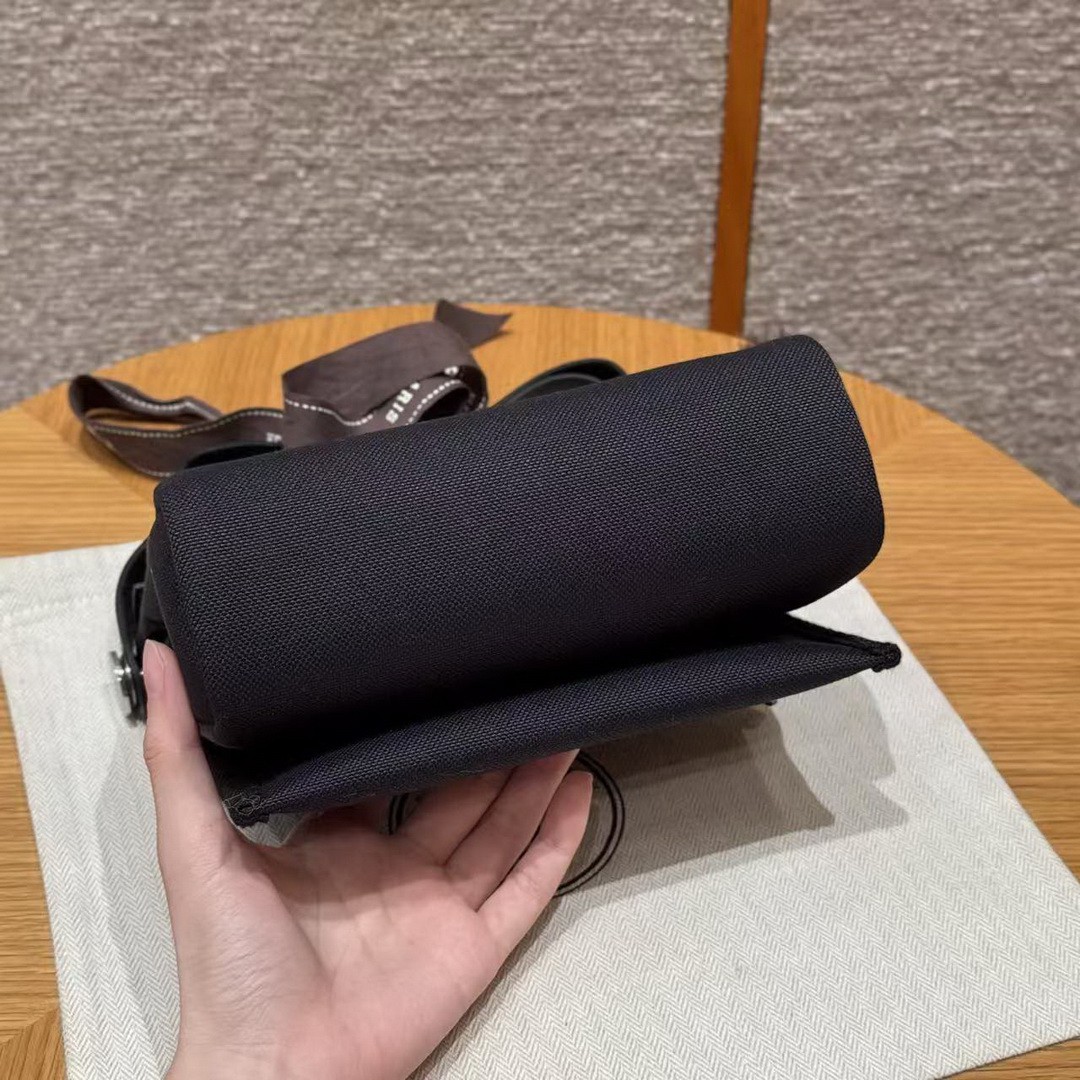Hermes Mini Herbag Zip 20 Bag Retourne 89 Noir Handmade In Militaire Canvas and Hunter Cowhide Silver Hardware - Image 22
