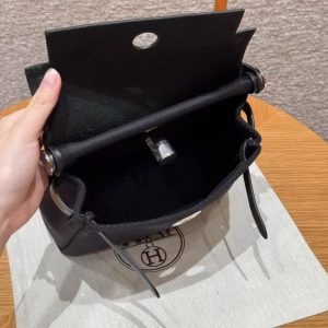 Hermes Mini Herbag Zip 20 Bag Retourne 89 Noir Handmade In Militaire Canvas and Hunter Cowhide Silver Hardware - Image 21