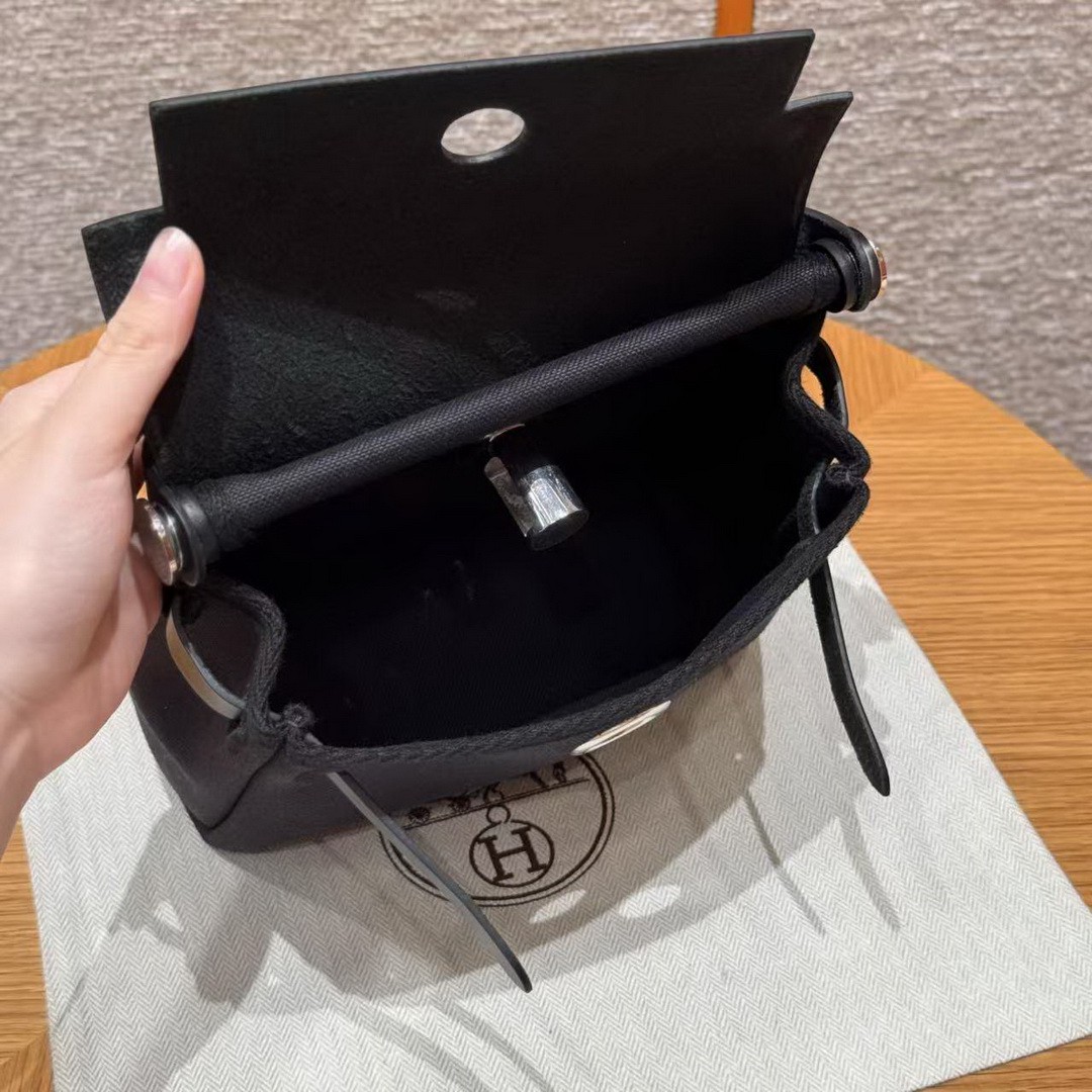 Hermes Mini Herbag Zip 20 Bag Retourne 89 Noir Handmade In Militaire Canvas and Hunter Cowhide Silver Hardware - Image 21