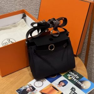 Hermes Mini Herbag Zip 20 Bag Retourne 89 Noir Handmade In Militaire Canvas and Hunter Cowhide Silver Hardware - Image 9