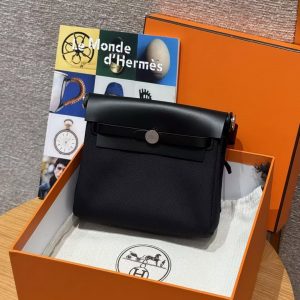 Hermes Mini Herbag Zip 20 Bag Retourne 89 Noir Handmade In Militaire Canvas and Hunter Cowhide Silver Hardware - Image 8