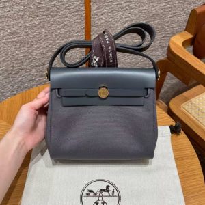 Hermes Mini Herbag Zip 20 Bag Retourne Ardoise Handmade In Militaire Canvas and Hunter Cowhide Gold Hardware