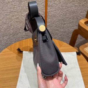 Hermes Mini Herbag Zip 20 Bag Retourne Ardoise Handmade In Militaire Canvas and Hunter Cowhide Gold Hardware - Image 2