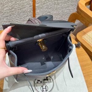 Hermes Mini Herbag Zip 20 Bag Retourne Ardoise Handmade In Militaire Canvas and Hunter Cowhide Gold Hardware - Image 14