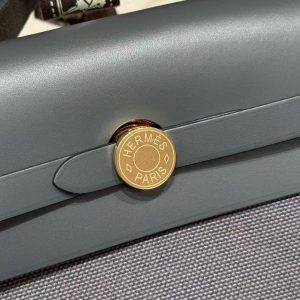 Hermes Mini Herbag Zip 20 Bag Retourne Ardoise Handmade In Militaire Canvas and Hunter Cowhide Gold Hardware - Image 10