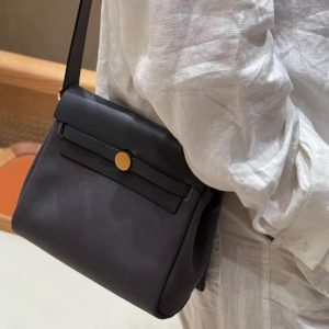 Hermes Mini Herbag Zip 20 Bag Retourne Ardoise Handmade In Militaire Canvas and Hunter Cowhide Gold Hardware - Image 4