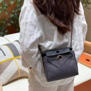Hermes Mini Herbag Zip 20 Bag Retourne Ardoise Handmade In Militaire Canvas and Hunter Cowhide Gold Hardware - Image 3