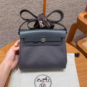 Hermes Mini Herbag Zip 20 Bag Retourne Ardoise Handmade In Militaire Canvas and Hunter Cowhide Silver Hardware
