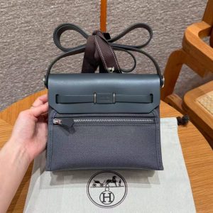 Hermes Mini Herbag Zip 20 Bag Retourne Ardoise Handmade In Militaire Canvas and Hunter Cowhide Silver Hardware - Image 2