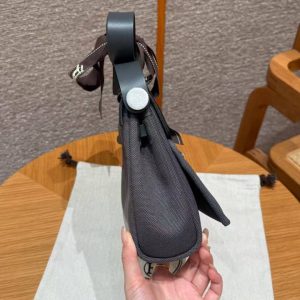 Hermes Mini Herbag Zip 20 Bag Retourne Ardoise Handmade In Militaire Canvas and Hunter Cowhide Silver Hardware - Image 28