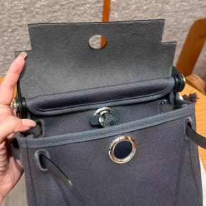 Hermes Mini Herbag Zip 20 Bag Retourne Ardoise Handmade In Militaire Canvas and Hunter Cowhide Silver Hardware - Image 24