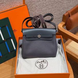 Hermes Mini Herbag Zip 20 Bag Retourne Ardoise Handmade In Militaire Canvas and Hunter Cowhide Silver Hardware - Image 12