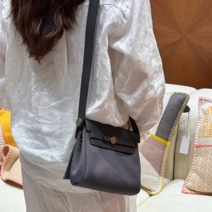 Hermes Mini Herbag Zip 20 Bag Retourne Ardoise Handmade In Militaire Canvas and Hunter Cowhide Silver Hardware - Image 4