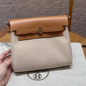 Hermes Mini Herbag Zip 20 Bag Retourne Beton Naturel Sable Handmade In Militaire Canvas and Hunter Cowhide Gold Hardware