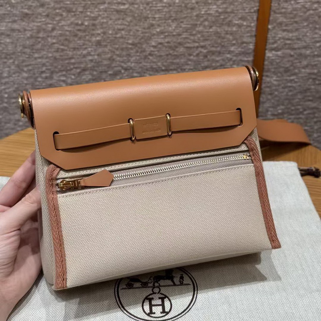 Hermes Mini Herbag Zip 20 Bag Retourne Beton Naturel Sable Handmade In Militaire Canvas and Hunter Cowhide Gold Hardware - Image 2