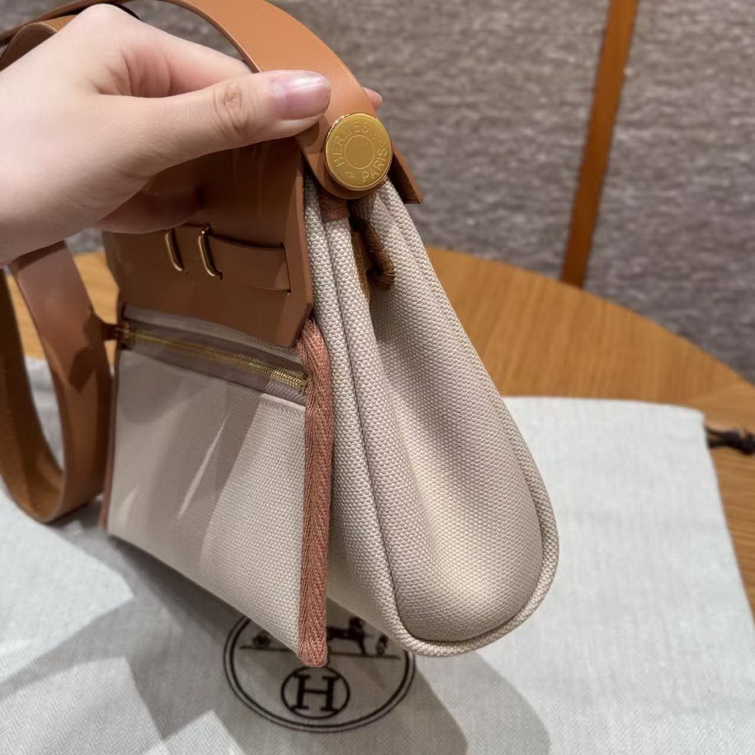 Hermes Mini Herbag Zip 20 Bag Retourne Beton Naturel Sable Handmade In Militaire Canvas and Hunter Cowhide Gold Hardware - Image 29
