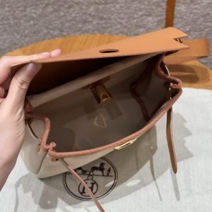 Hermes Mini Herbag Zip 20 Bag Retourne Beton Naturel Sable Handmade In Militaire Canvas and Hunter Cowhide Gold Hardware - Image 26