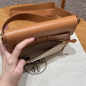 Hermes Mini Herbag Zip 20 Bag Retourne Beton Naturel Sable Handmade In Militaire Canvas and Hunter Cowhide Gold Hardware - Image 20