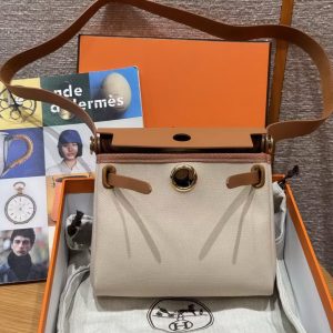 Hermes Mini Herbag Zip 20 Bag Retourne Beton Naturel Sable Handmade In Militaire Canvas and Hunter Cowhide Gold Hardware - Image 8