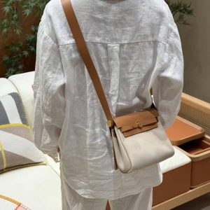 Hermes Mini Herbag Zip 20 Bag Retourne Beton Naturel Sable Handmade In Militaire Canvas and Hunter Cowhide Gold Hardware - Image 4