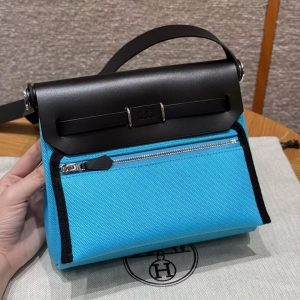 Hermes Mini Herbag Zip 20 Bag Retourne Bleu Riviera Noir Handmade In Militaire Canvas and Hunter Cowhide Silver Hardware - Image 2