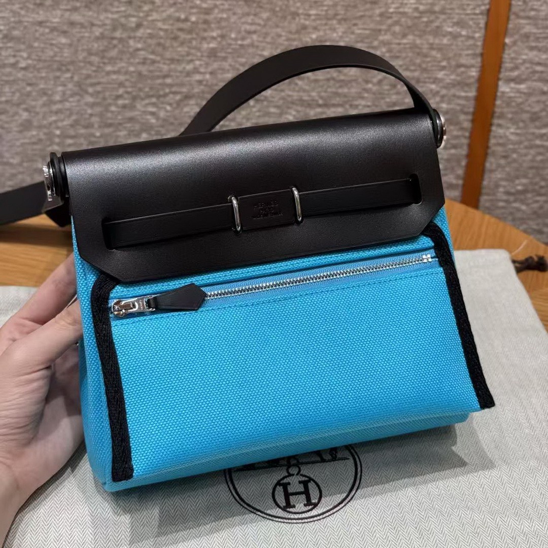 Hermes Mini Herbag Zip 20 Bag Retourne Bleu Riviera Noir Handmade In Militaire Canvas and Hunter Cowhide Silver Hardware - Image 2