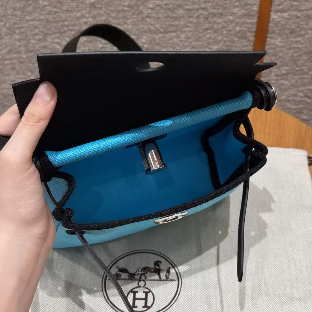 Hermes Mini Herbag Zip 20 Bag Retourne Bleu Riviera Noir Handmade In Militaire Canvas and Hunter Cowhide Silver Hardware - Image 25