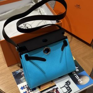 Hermes Mini Herbag Zip 20 Bag Retourne Bleu Riviera Noir Handmade In Militaire Canvas and Hunter Cowhide Silver Hardware - Image 13