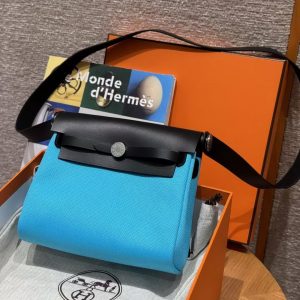 Hermes Mini Herbag Zip 20 Bag Retourne Bleu Riviera Noir Handmade In Militaire Canvas and Hunter Cowhide Silver Hardware - Image 12