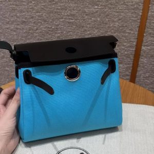 Hermes Mini Herbag Zip 20 Bag Retourne Bleu Riviera Noir Handmade In Militaire Canvas and Hunter Cowhide Silver Hardware - Image 11