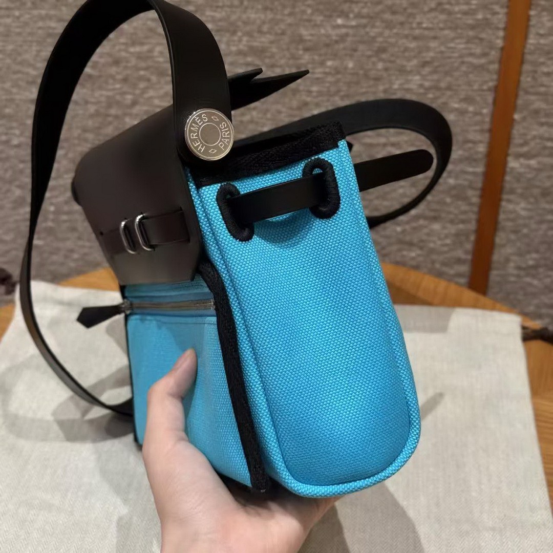 Hermes Mini Herbag Zip 20 Bag Retourne Bleu Riviera Noir Handmade In Militaire Canvas and Hunter Cowhide Silver Hardware - Image 6
