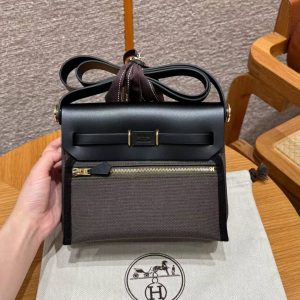 Hermes Mini Herbag Zip 20 Bag Retourne Dark Bronze Noir Handmade In Militaire Canvas and Hunter Cowhide Gold Hardware - Image 2
