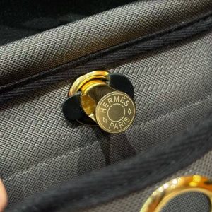 Hermes Mini Herbag Zip 20 Bag Retourne Dark Bronze Noir Handmade In Militaire Canvas and Hunter Cowhide Gold Hardware - Image 20