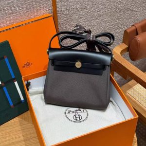 Hermes Mini Herbag Zip 20 Bag Retourne Dark Bronze Noir Handmade In Militaire Canvas and Hunter Cowhide Gold Hardware - Image 10