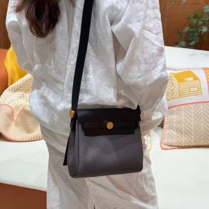 Hermes Mini Herbag Zip 20 Bag Retourne Dark Bronze Noir Handmade In Militaire Canvas and Hunter Cowhide Gold Hardware - Image 4