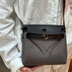 Hermes Mini Herbag Zip 20 Bag Retourne Dark Bronze Noir Handmade In Militaire Canvas and Hunter Cowhide Gold Hardware - Image 3